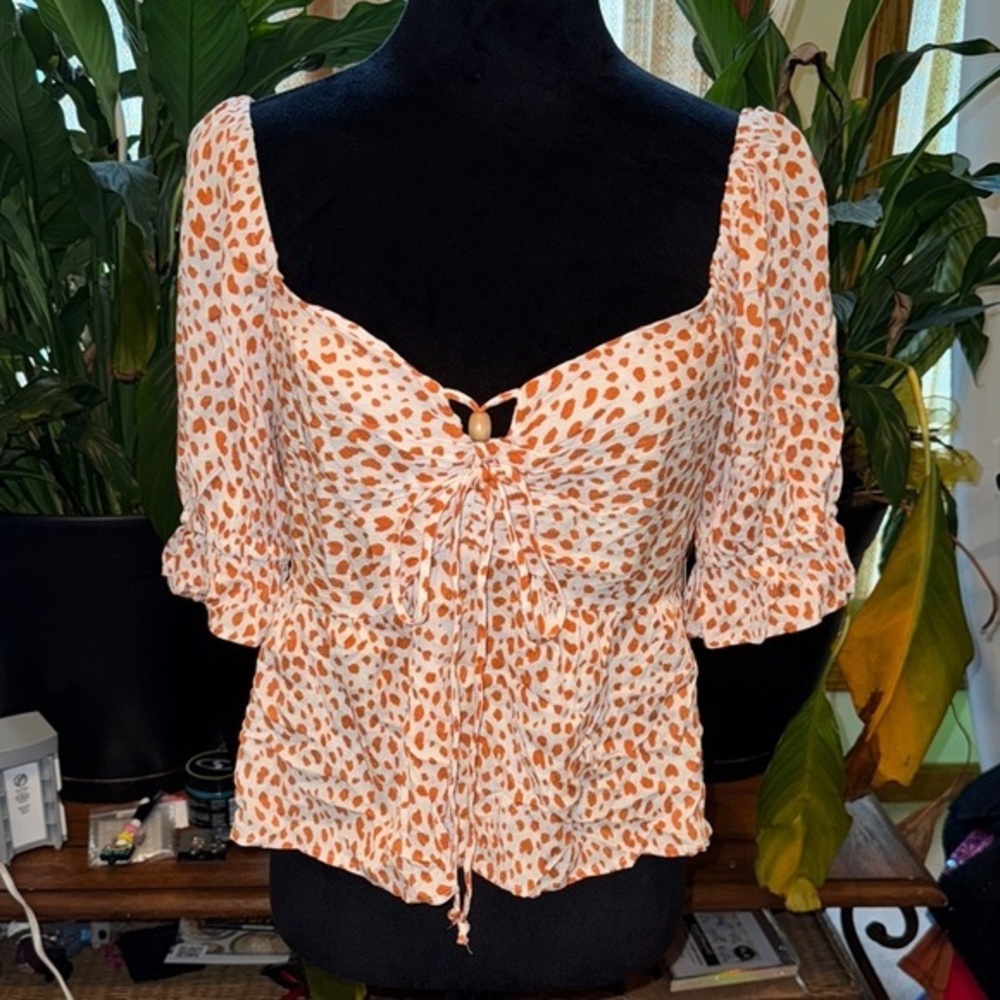 URBAN Romantics Orange Puff Sleeve Blouse with Tie Front